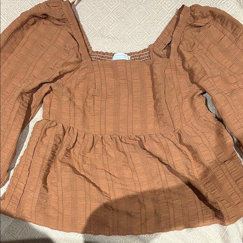 Love Riche Orange Puff Sleeve Smocked Blouse